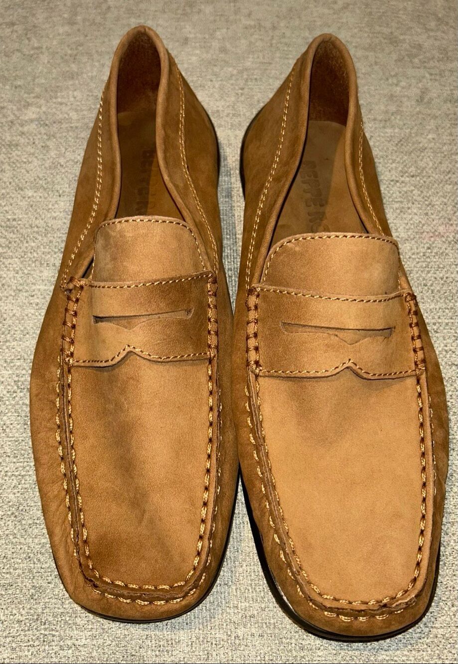 Beppe Rosi tan nubuck leather penny driving loafers with classic moc-toe contras